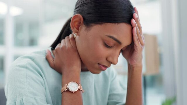 Business woman with mistake, neck pain or headache and working on keyboard, computer or office pc. Stress, burnout or angry corporate worker shaking head after reading job email or bad client review