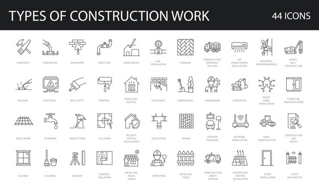 Set of 44 line icons related to different types of construction works. Kinds of building activities, occupation. Editable Stroke. outline collection. Repair, Renovation,  Work Tools,  Materials 