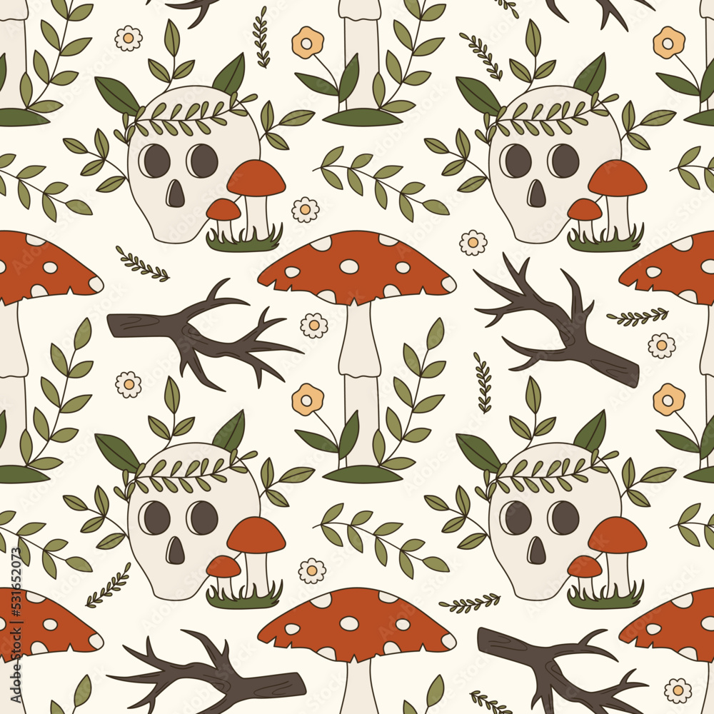 Poster seamless vector pattern with 70s psychedelic mystery forest objects. background with woodland elemen