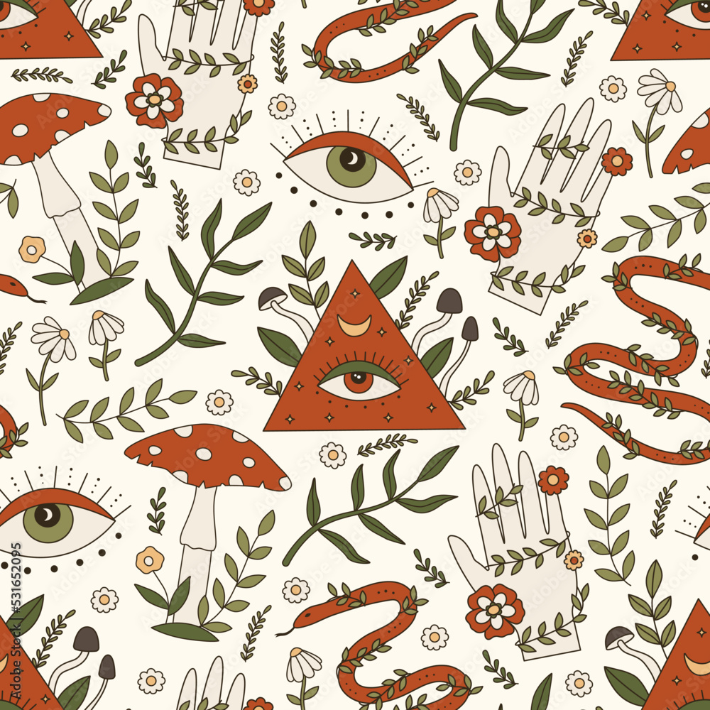 Poster seamless vector pattern with 70s psychedelic mystery forest objects. background with hippy elements 