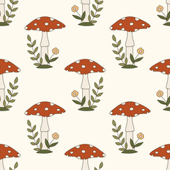 Seamless vector pattern with poisonous mushrooms in 70s art style. Retro groovy toadstool background. Cartoon amanita texture. Vintage boho illustration