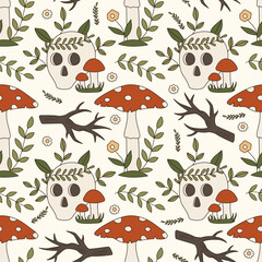 Seamless vector pattern with 70s psychedelic mystery forest objects. Background with woodland elements of skull, mushrooms and leaves. Cartoon witchcraft texture. Vintage boho illustration