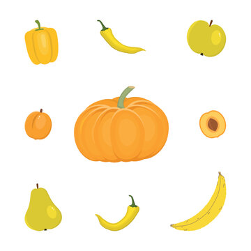 yellow vegetables and fruit, isolated on a white background. There is pumpkin, apple, apricot, pear, banana, pepper in the picture. Food icons. Vector illustration.