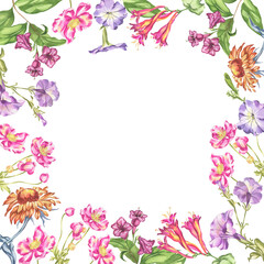 Watercolor illustration of garden flowers. Colorful flowers and leaves. Frames for the design of invitations and cards.
