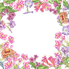 Naklejka na ściany i meble Watercolor illustration of garden flowers. Colorful flowers and leaves. Frames for the design of invitations and cards.