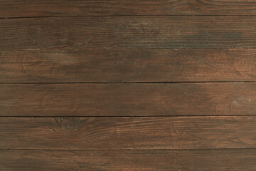 Obraz premium Vintage brown wood background texture with knots and nail holes. Old painted wood wall. Brown abstract background. Vintage wooden dark horizontal boards. Front view with copy space. Background for des