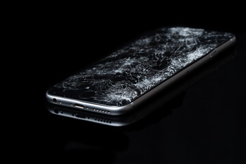 Smartphone with broken screen on dark background.