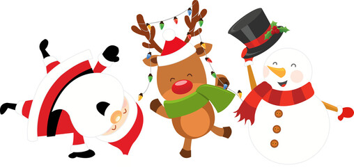 Santa Reindeer And Snowman Having Christmas Party