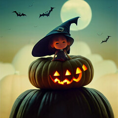 cute little halloween witch sit on pumpkin, digital art