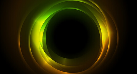 Green and orange neon glowing glossy circles abstract background. Vector futuristic design