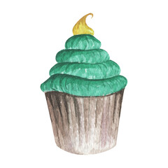 Christmas cupcake. Vintage Christmas decoration. Watercolor Christmas card for invitations, greetings, holidays and decor.