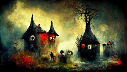 scary halloween  night houses  , digital art