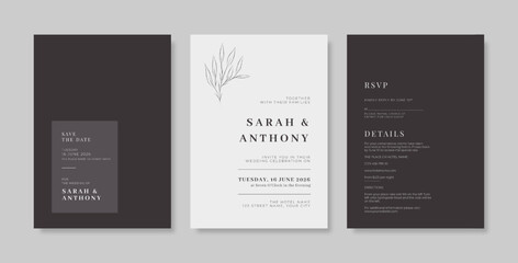 Elegant and beautiful wedding invitation template. set of wedding invitation with engraved leaves.