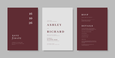 Elegant maroon wedding invitation template. set of wedding invitation template. minimalist wedding card template.