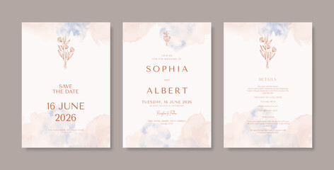 Fototapeta na wymiar Beautiful and minimalist wedding card template with watercolor texture. set of wedding invitation with line art flower