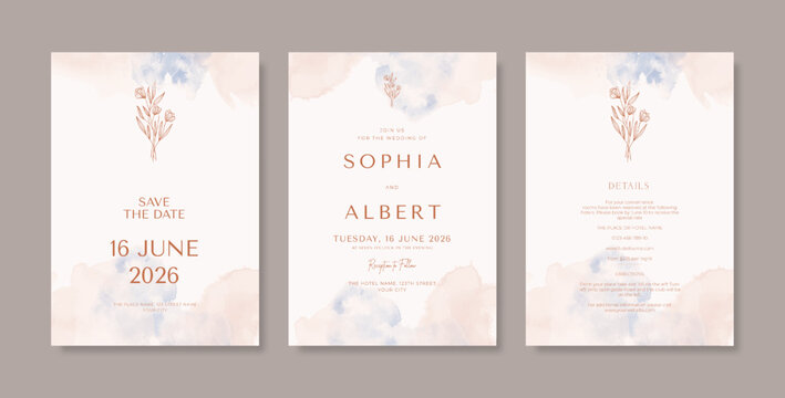 Beautiful and minimalist wedding card template with watercolor texture. set of wedding invitation with line art flower