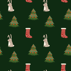 Christmas vector cartoon seamless pattern with rabbits and socks