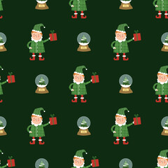 Vector cartoon seamless pattern with Christmas elves