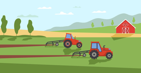 Agriculture and farming. Rural landscape.Agriculture company.Tractor cultivating field barn.Tractor plowing a field for planting crops.Vector flat illustration.