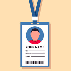 Man plastic ID card.Simple business Id.Template corporate Identification document.Identity company staff.Personal info data. Vector flat illustration.