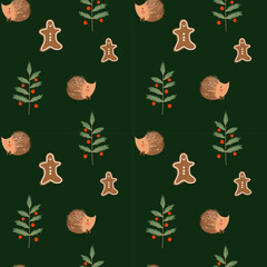 Christmas vector cartoon seamless pattern with gingerbread men and hedgehog