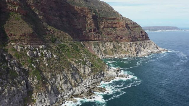 Rocky coast of Chapman's peak drive in Cape Town, South Africa. Aerial footage