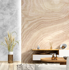 Interior of living room with white sideboard over wooden mock up wall. Home background design. 3d rendering