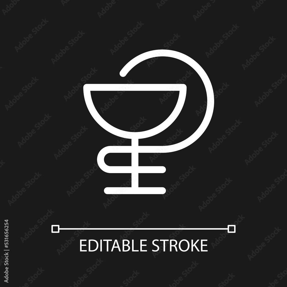 Poster bowl of hygieia pixel perfect white linear ui icon for dark theme. pharmaceutical symbol. vector lin