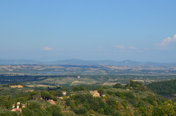 The beautiful countryside and town of Montepulciano in Tuscany on a bright summer day.