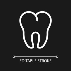 Molar pixel perfect white linear ui icon for dark theme. Dental clinic. Toothache treatment. Vector line pictogram. Isolated user interface symbol for night mode. Editable stroke. Arial font used