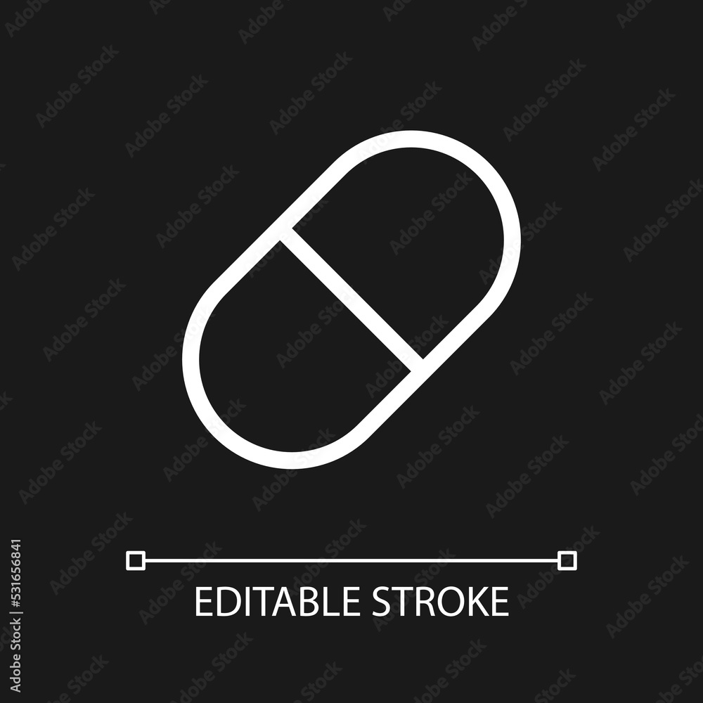 Poster capsule pixel perfect white linear ui icon for dark theme. oral medication. pill prescript. vector l