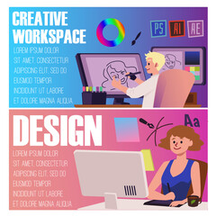 Creative workspace for digital artists and designers, flat vector illustration.