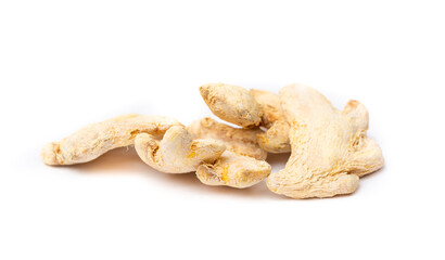 Dried ginger root on white background isolated. Indian spices close up.