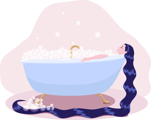 the girl rests in the bath, a lot of foam, long black hair, relaxation, bath treatments