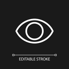 Obraz premium Eye pixel perfect white linear ui icon for dark theme. Part of human body. Organ of perception. Vector line pictogram. Isolated user interface symbol for night mode. Editable stroke. Arial font used