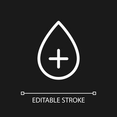 Positive blood type pixel perfect white linear ui icon for dark theme. Blood transfusion. Vector line pictogram. Isolated user interface symbol for night mode. Editable stroke. Arial font used