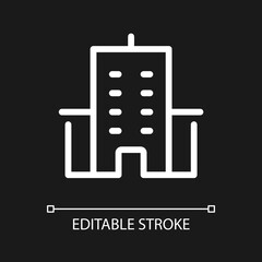 Hospital building pixel perfect white linear ui icon for dark theme. Healthcare institution. Vector line pictogram. Isolated user interface symbol for night mode. Editable stroke. Arial font used