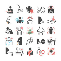 Upper respiratory tract infections URI or URTI. Symptoms, Treatment. Line icons set. Vector signs for web graphics.
