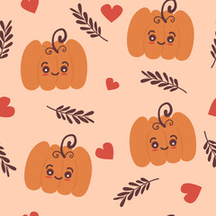 cute lovely autumn season seamless vector pattern background illustration with cartoon character orange baby pumpkins, brown leaves and red hearts