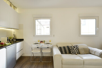 Studio apartment with open kitchen, folding table with fruit bowl and white leather sofa