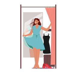 Young Female Character Trying on Clothes in Dressing Room at Store, Woman in New Dress Stand in Cabin with Mirror