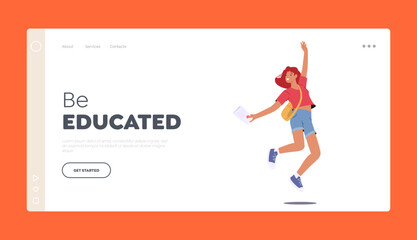 Fototapeta na wymiar Happy Educated Student Girl Jumping Landing Page Template. Cheerful Young Female Character With Paper In Hand