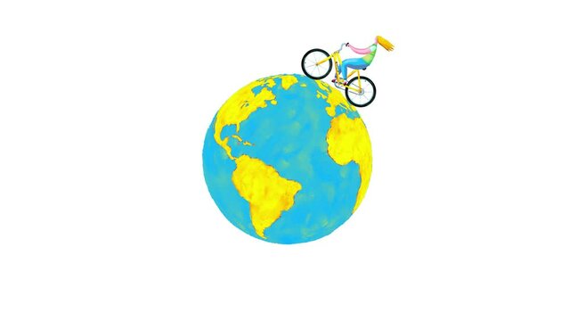Woman character animated riding a bicycle around the earth planet globe. Paint hand made cartoon style seamless loop isolated. Good for titles journey travel theme. Motion design graphic animation.