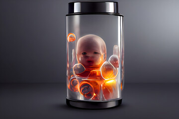 human baby embyo inside incubator breeding tank on gray background, ectogenesis concept, neural network generated art
