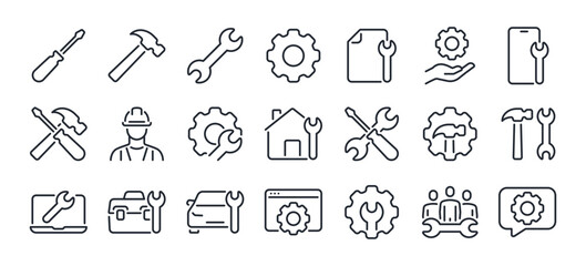 Repair concept editable stroke outline icons set isolated on white background flat vector illustration. Pixel perfect. 64 x 64.