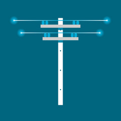 Obraz premium White high voltage power electric pole with glowing light dot on wire blue background flat vector icon design.