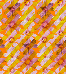 Abstract Real Calendula Daisy Flowers Diagonal Stripes Seamless Pattern Trendy Fashion Pattern Stylish Chic Colors Perfect for Allover Fabric Print