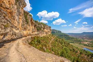 Panoramic footpath in countryside with copy space