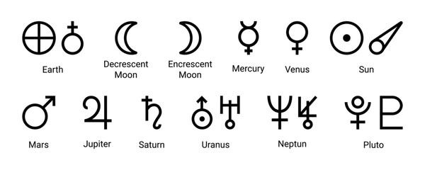 Simple alchemy icons, glyphs of planets. Set astrology and astronomy planet symbols. Outline icons, isolated on white background. Mystic planetary signs and symbols of ancient astrology and astronomy. © LENNAMATS