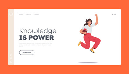 Obraz na płótnie Canvas Back To School, Knowledge Is Power Landing Page Template. Happy Student Female Character Jumping With Textbooks